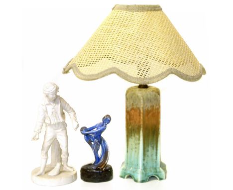 Ruskin table lamp complete with shade, Empire ware posy holder and small Minton &amp; Co. Parian figure, G. Abbott. Condition