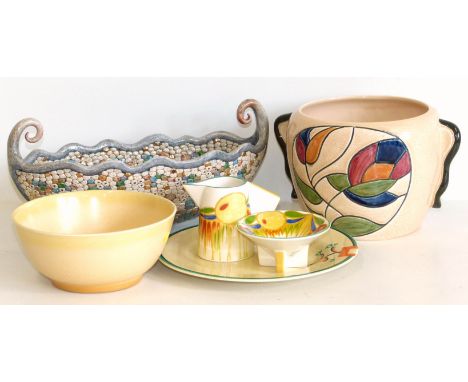 Collection of Art Deco pottery, to include a Clarice Cliff bowl and plate, a Wedgwood cream jug and bowl, Sylvac vase, and a 