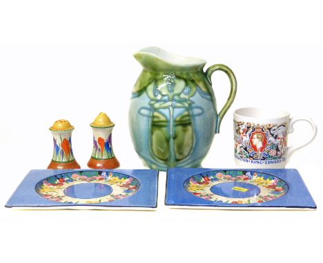 Minton Secessionist jug, pair of Biarritz plates, Laura Knight mug, pair of Clarice Cliff crocus cruets. Condition reports ar