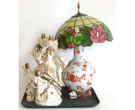 Pair Academy table lamps, oriental style lamp base with Tiffany style shade. Condition reports are not available for Interior