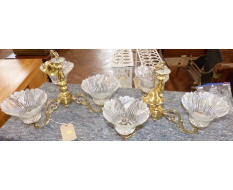 Two brass three branch centre light fittings with glass shade Condition reports are not available for Interiors  Sale