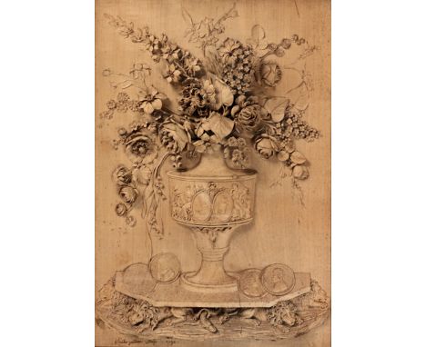 A rare late 18th century relief-carved lime wood panel depicting a vase of flowers, signed and dated Putman 1790possibly an a