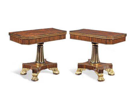 A pair of Regency rosewood, calamander banded, parcel gilt and simulated rosewood card tablesin the manner of Henry Holland, 