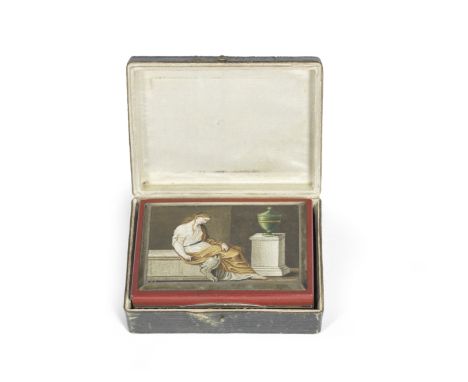 An early 19th century Italian Micromosaic and cornelian snuff box, depicting Andromache mourning Hector's ashes, with makers 