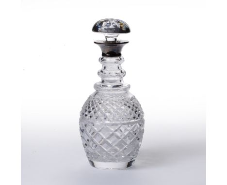 Cut glass wine decanter  with hobnail cut decoration and silver collar, bearing marks for Roberts &amp; Dore Ltd, London, 196