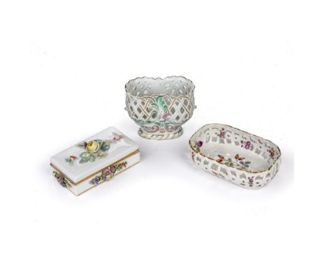 Meissen snuff box 19th Century, a scent bottle-holder and a miniature basket, the rectangular box with separate cover encrust