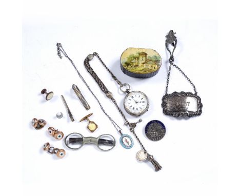 Collection of items to include:  papier mache snuff box, silver spirit label, gilt metal studs, silver and enamel pendant nec