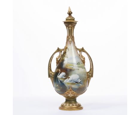 Royal Worcester vase  with hand painted decoration of swans on a river, signed by William Powell, green mark to base, 41cm hi