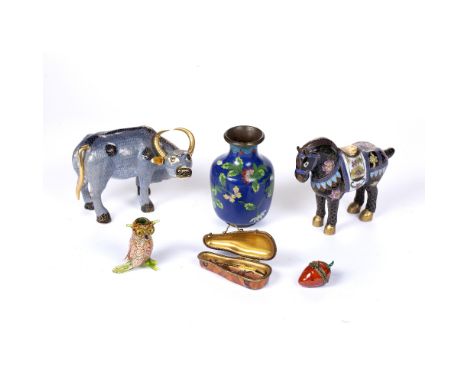 Collection of pieces to include: Two modern cloisonné enamel animals, a vase, Limoges porcelain trinket boxes, etc (6)