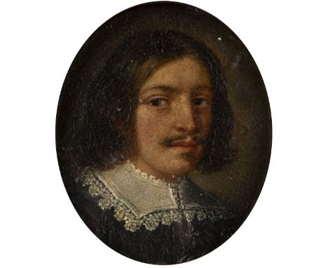 Late 17th Century Italian/ Spanish School Miniature portrait of a gentleman with a lace ruff, oil on copper, in a contemporar
