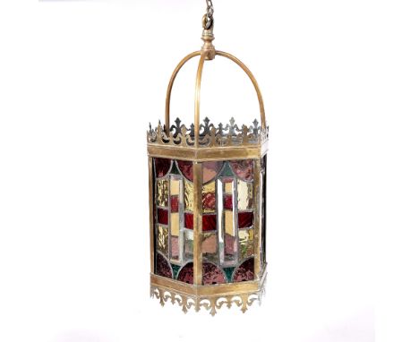 Hexagonal hall lantern  with stained glass panels and pierced fret, 58cm high overall 