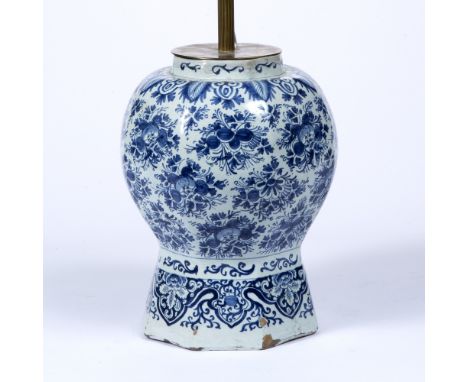 Delft porcelain vase, converted into a lamp  with indistinct marks to the base, the vase excluding the fitting measures 27cm 