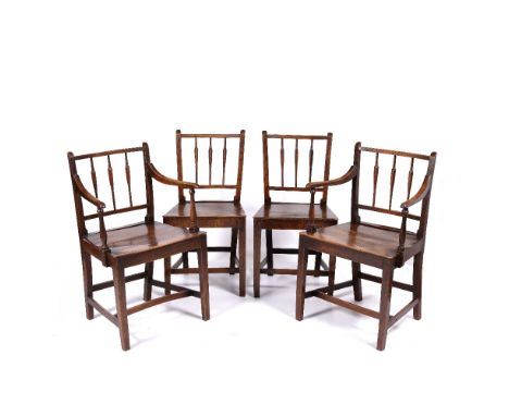 Pair of elm and ash stick-back elbow chairs 19th Century, and a pair of similar standard chairs, elbow chairs 55cm across, 88