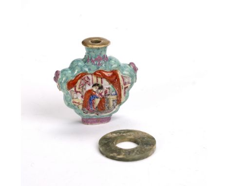 Porcelain snuff bottle Chinese, decorated to the body with a panel of two figures, with painted seal mark to base, 7.5cm high