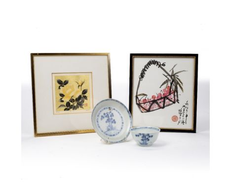 Nanking Cargo Chinese tea bowl and saucer Chinese, 18th Century, a Japanese print signed Takako 10cm square and one other sma