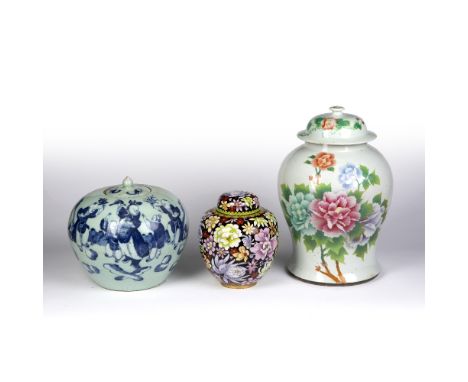 Group of three vases Chinese, to include a lidded Canton vase decorated with flowers to one side and calligraphy to the other