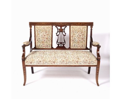 Satinwood and inlaid sofa Edwardian, 116cm across, 93.5cm high and four matching salon chairs, 92cm (5)