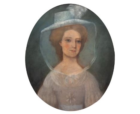 19th Century English School  Portrait of a lady wearing white dress and veiled bonnet pastels 58 x 48cm