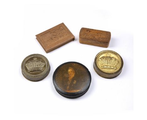 Two similar gilt metal circular seal boxes a 19th Century papier mache snuff box, a Swedish birch snuff box and one other snu