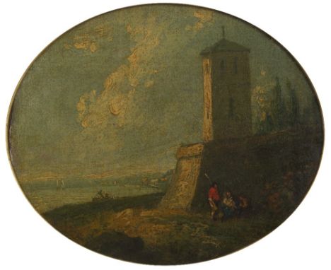 Richard Wilson (British, 1714-1782) Tower and Bastion by the Sea, oil on canvas, 16cm x 19cm, with ''M. Ford'' collection sea