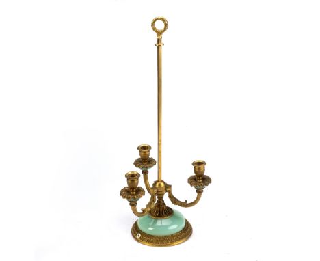 Student's gilt metal and opaline Bouillot lamp French, circa 1900, with three branch candle sconce, 53.5cm high