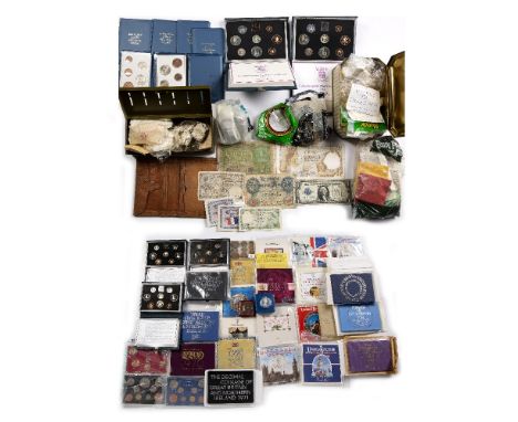 Large collection of pre-decimal coins to include:  uncirculated proof sets, pennies, banknotes, Guernsey silver proof coins e