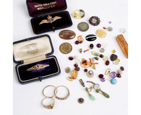 Three 9ct gold rings  6g approx overall, a 9ct gold mounted and enamel Royal Navy Fleet Air Arm brooch, one other yellow meta