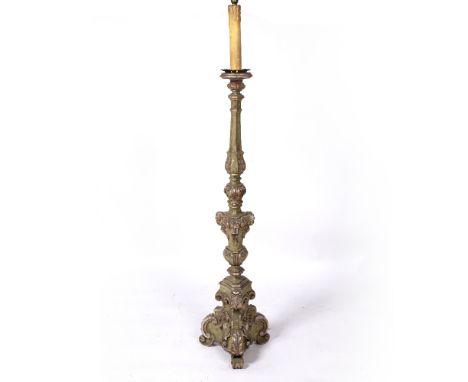 Classical style standard lamp  decorated with cherubs, painted in green and silver standing on triform base, 159cm high 