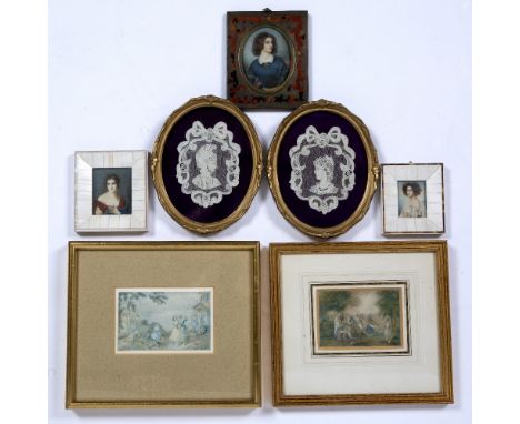 Three portrait miniatures  the largest in a brass and tortoiseshell, indistinctly signed, 8cm x 6cm, the two others smaller e