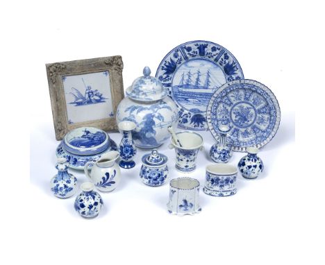 Collection of contemporary Delft pottery to include:  ginger jar and cover, framed tile, pot and cover, miniature vases, mort