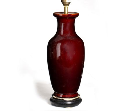 Modern song de boeuf style vase  in the Chinese taste, converted into a lamp, standing on a wooden base, 37cm high overall 