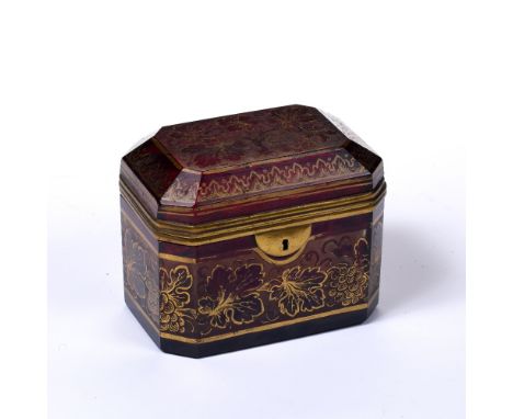Ruby glass and gilt casket 19th Century, of canted form, painted with leaves, 13.5cm x 10cm