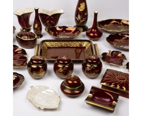 Collection of Carltonware Rouge Royale ceramics to include:  Floral painted vases, leaf dishes, dragon, waterlily and bulrush