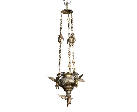 Brass sanctuary lamp with angel mounts, 74cm high, 26cm across