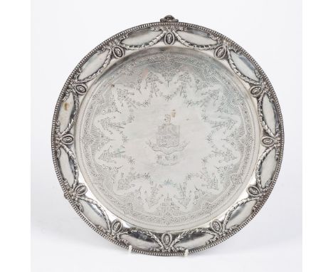 Large Victorian silver salver  with husk and swag decoration, standing on three feet, bearing marks for Walter &amp; John Bar