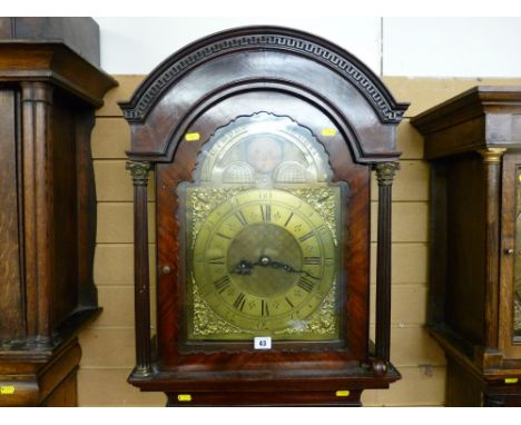 A late 19th Century mahogany arched top longcase clock, the hood with arched Greek Key decoration, reeded pillars with Corint