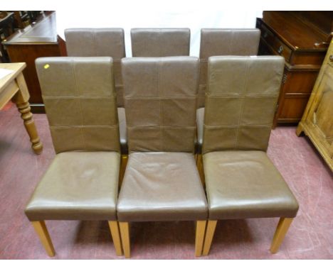 A modern set of six highback light oak stitched leather chairs, 101 cms high