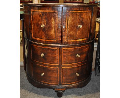 A Georgian mahogany demi lune commode,
having rising lid with 2 cupboard doors and dummy drawers under, with allover satinwoo
