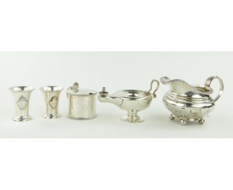 Group of silver items, 
comprising George III cream jug, Edwardian spirit lighter, mustard pot with blue glass liner and a pa