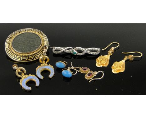 Victorian unmarked gold and enamel mourning brooch,
4 pairs of gold and gilt metal earrings and a paste set entwined snake de