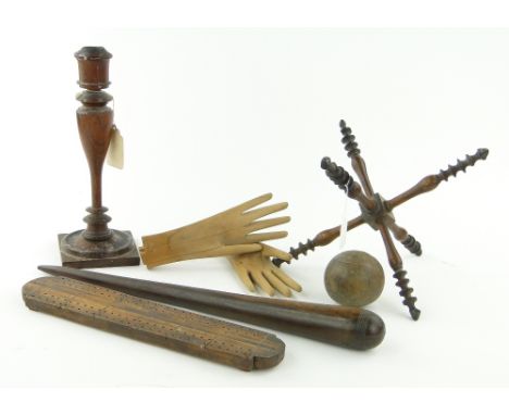 Treen hands
 9.5", crib board, candlestick, stand, etc.