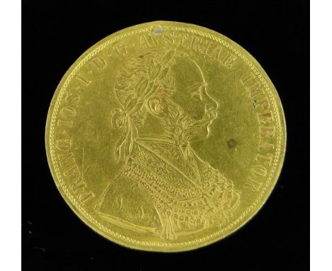 Austrian gold 4 Ducat coin,
Franz Joseph 1883, 0.986 gold, 13.9g, drilled and filled.