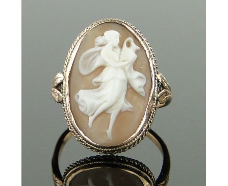 Victorian carved Cameo ring,
unmarked gold settings, panel height 24mm.