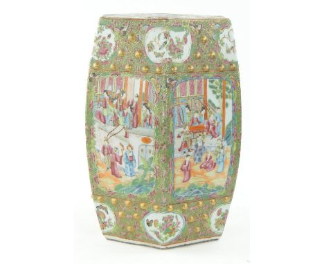 19th century Canton enamel garden seat
with panels depicting figures, birds and butterflies, height 18.5".