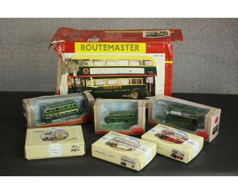 A boxed AEC Routemaster Bus, Oxford Die-cast NRM002, London Transport (1979 Shillibeer Omnibus livery) and six other boxed di