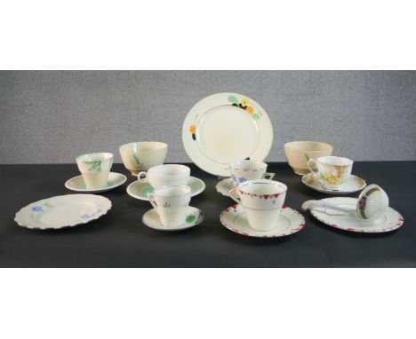 A collection of hand painted Art Deco cups, saucers and plates. Makers include Myott &amp; Sons and Grays Pottery. (18 Pieces