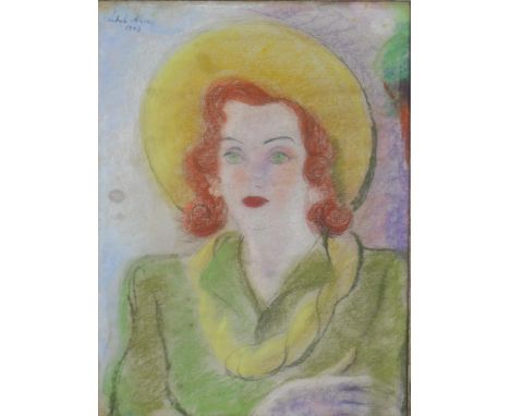 A framed and glazed pastel portrait of a lady in a green dress wearing a yellow hat, indistinctly signed. H.74 W.59cm 