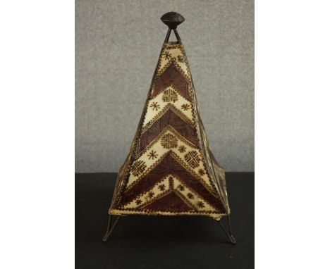 A vintage Moroccan leather and henna design pyramidal table lamp. H.46 W.25 D.27cm. 