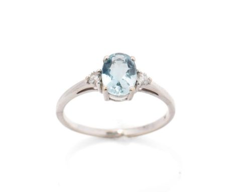 9ct white gold ring set with aqua marine and diamonds, 2.1 grams, size R.  