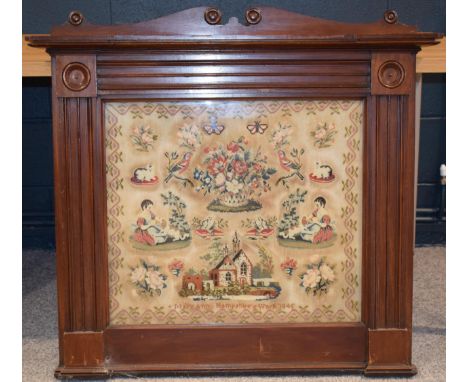 Large early Victorian needlework sampler in architectural mahogany frame, 'Mary Ann Hampshire's Work 1845', with Berlin woolw